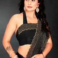 Black Sequin Embellished Party Wear Fandy Saree with Gold Scallop Border - Mangaldeep NX