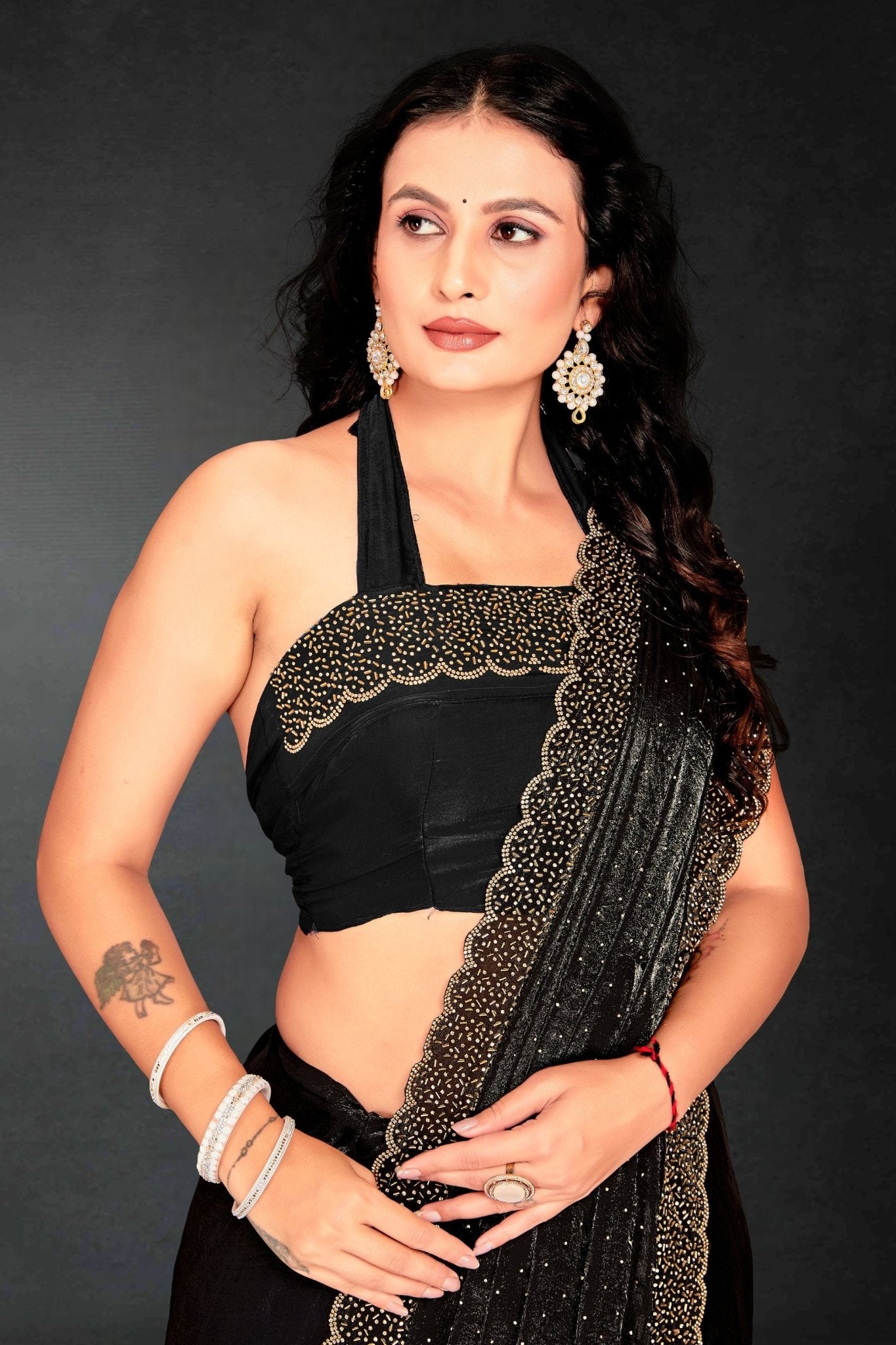 Black Sequin Embellished Party Wear Fandy Saree with Gold Scallop Border - Mangaldeep NX