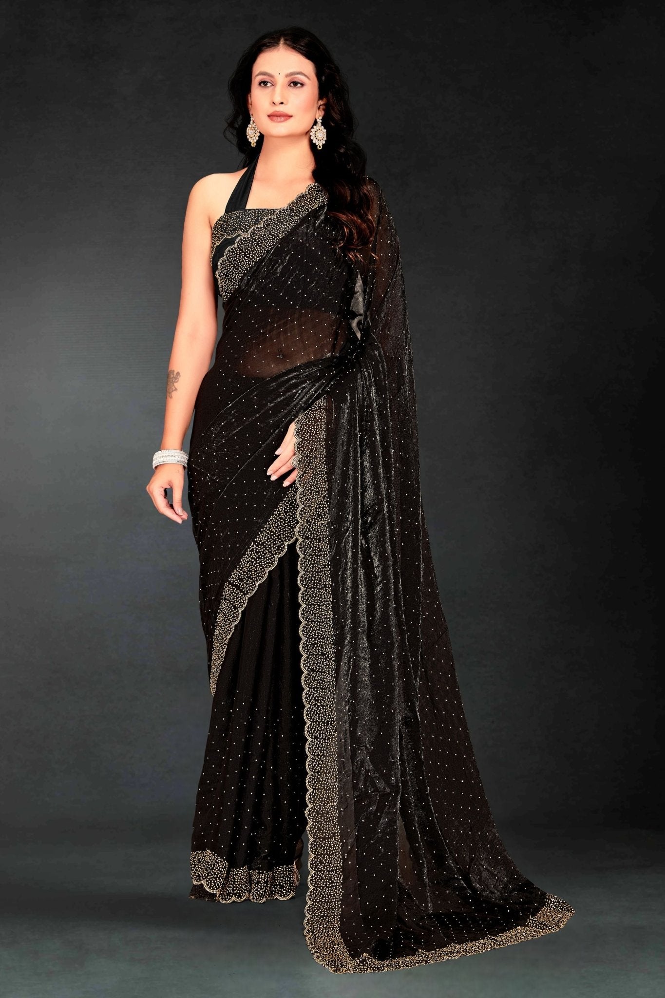 Black Sequin Embellished Party Wear Fandy Saree with Gold Scallop Border - Mangaldeep NX