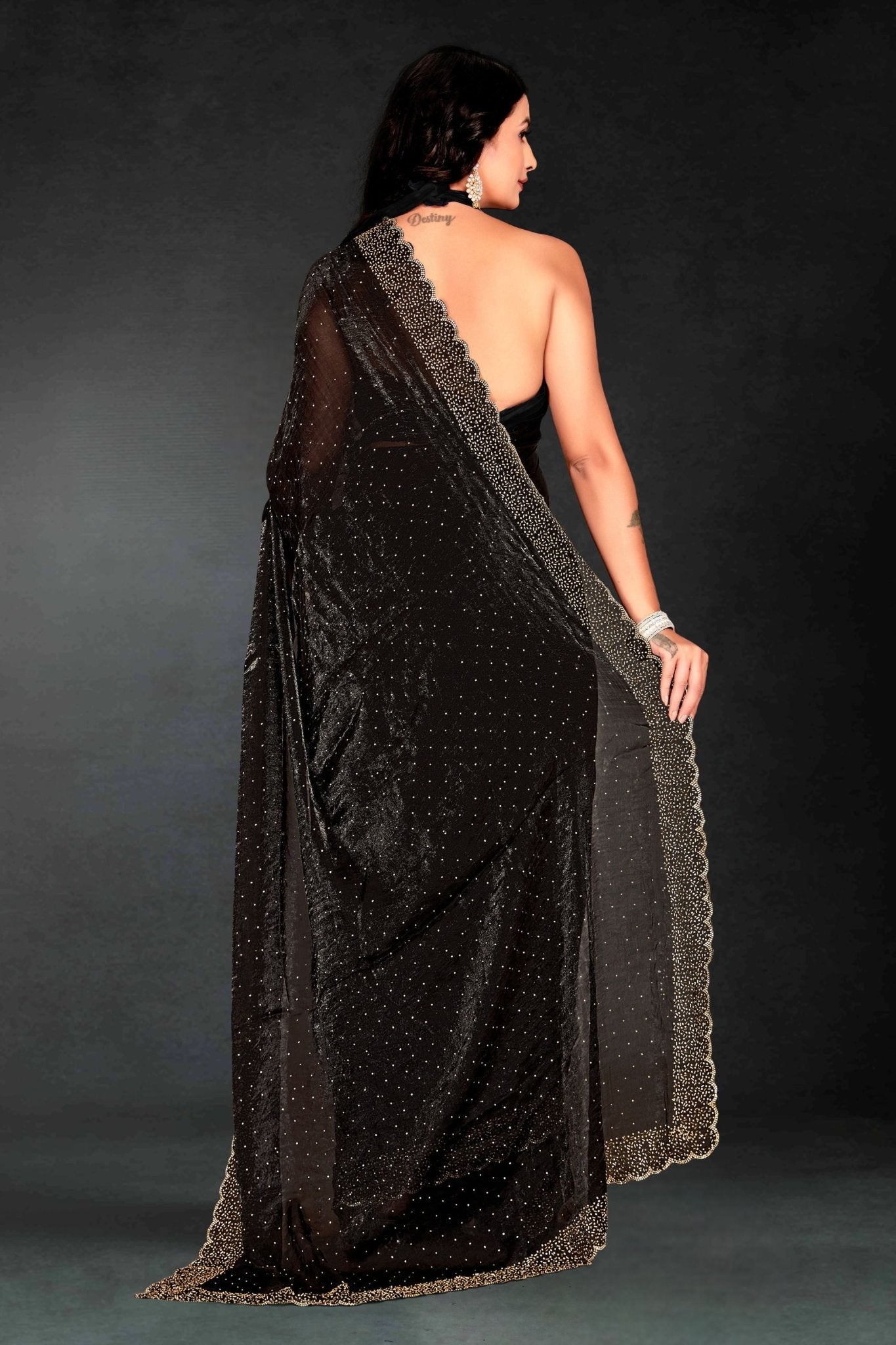 Black Sequin Embellished Party Wear Fandy Saree with Gold Scallop Border - Mangaldeep NX