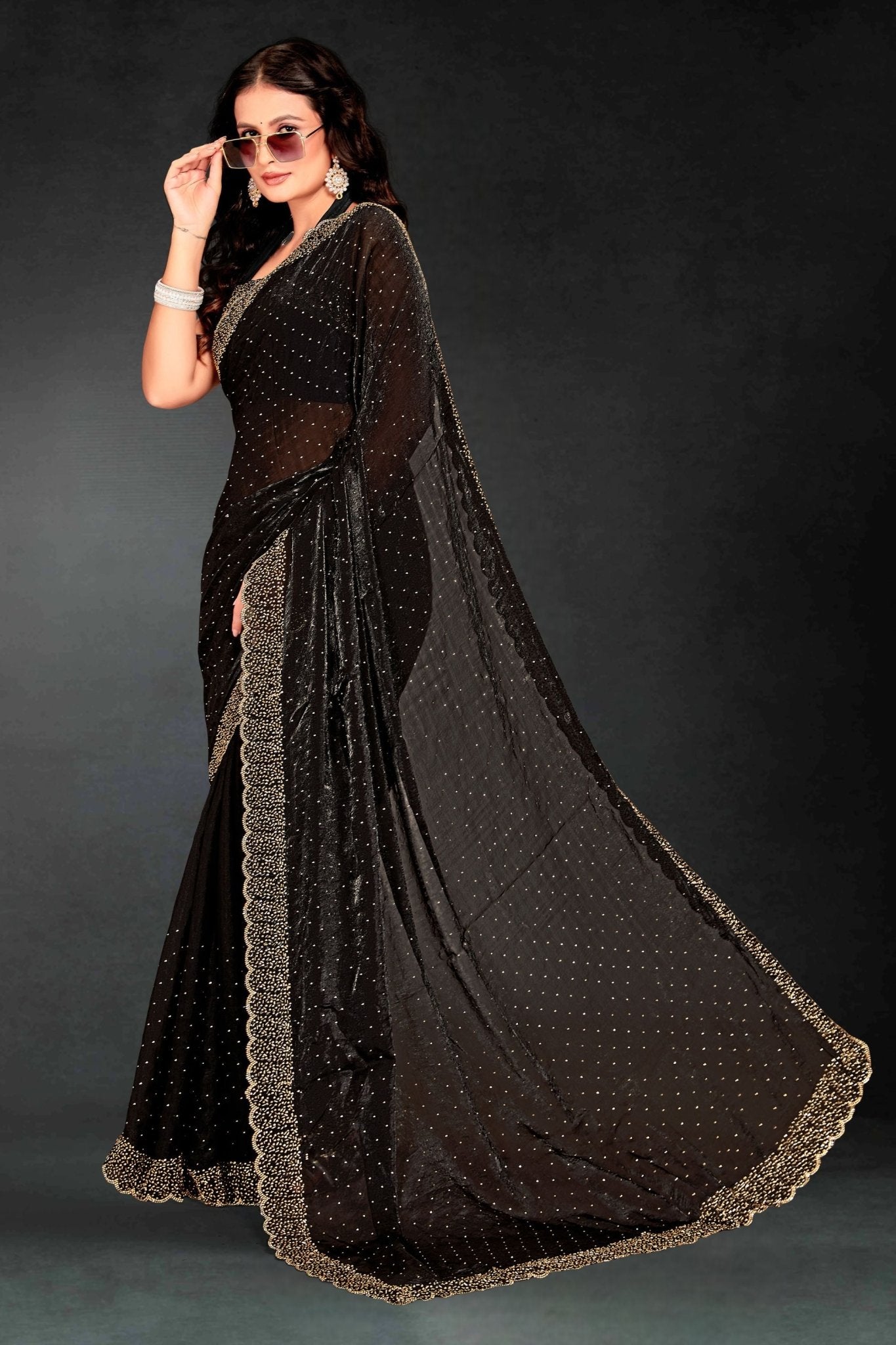 Black Sequin Embellished Party Wear Fandy Saree with Gold Scallop Border - Mangaldeep NX