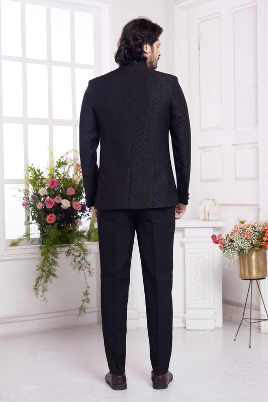 Black Textured Indo Western Suit for Men with Red Pocket Square - Mangaldeep NX