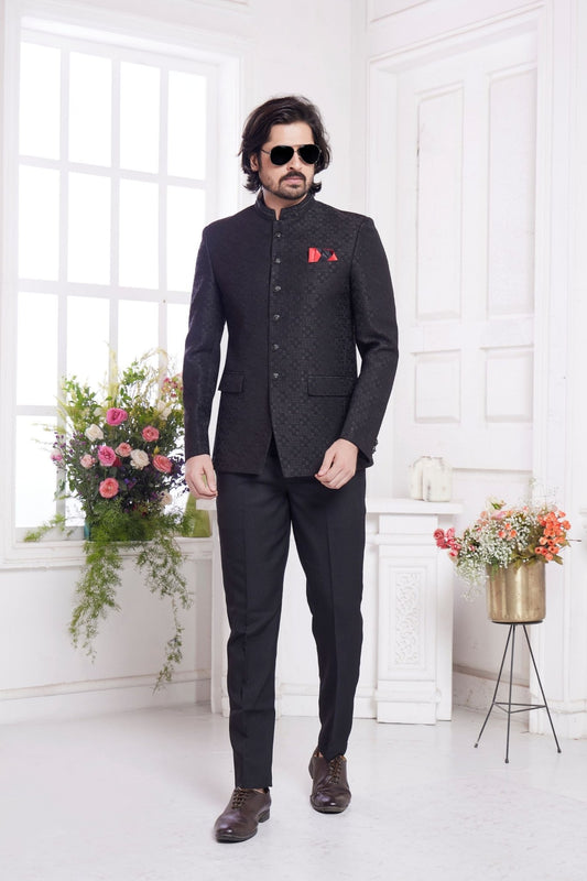 Black Textured Indo Western Suit for Men with Red Pocket Square - Mangaldeep NX