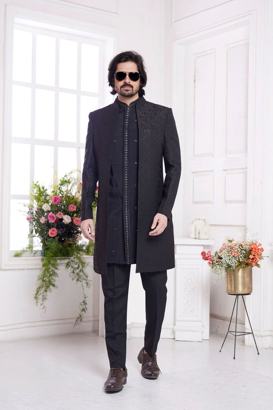 Black Textured Silk Indo - Western Sherwani Set for Men with Embroidered Kurta and Straight Pants - Mangaldeep NX