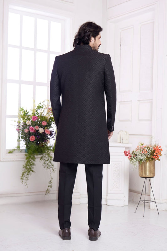 Black Textured Silk Indo - Western Sherwani Set for Men with Embroidered Kurta and Straight Pants - Mangaldeep NX
