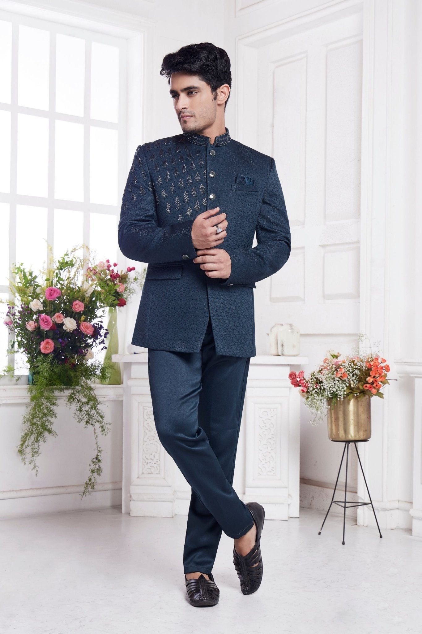 Blue Designer Bandhgala Suit with Textured Jacket and Straight Pants - Mangaldeep NX