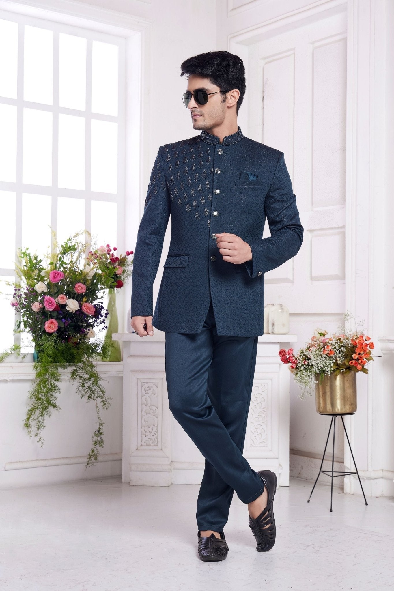 Blue Designer Bandhgala Suit with Textured Jacket and Straight