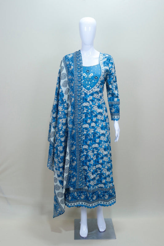 Blue Floral Printed Cotton Suit Set with Embroidered Neck Dupatta - Mangaldeep NX