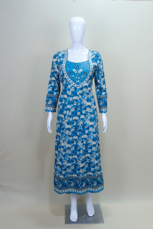 Blue Floral Printed Cotton Suit Set with Embroidered Neck Dupatta - Mangaldeep NX