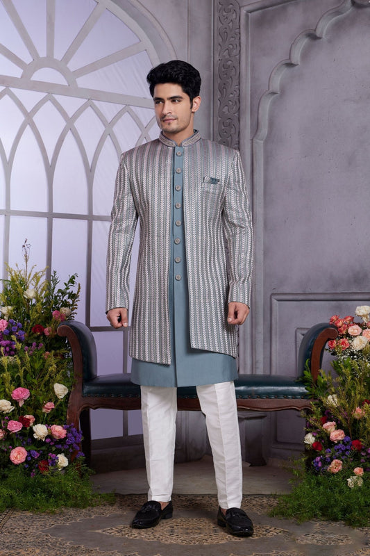Blue Silk Brocade Indo Western Sherwani for Groom - Mangaldeep NX