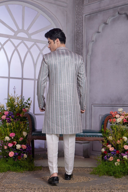 Blue Silk Brocade Indo Western Sherwani for Groom - Mangaldeep NX