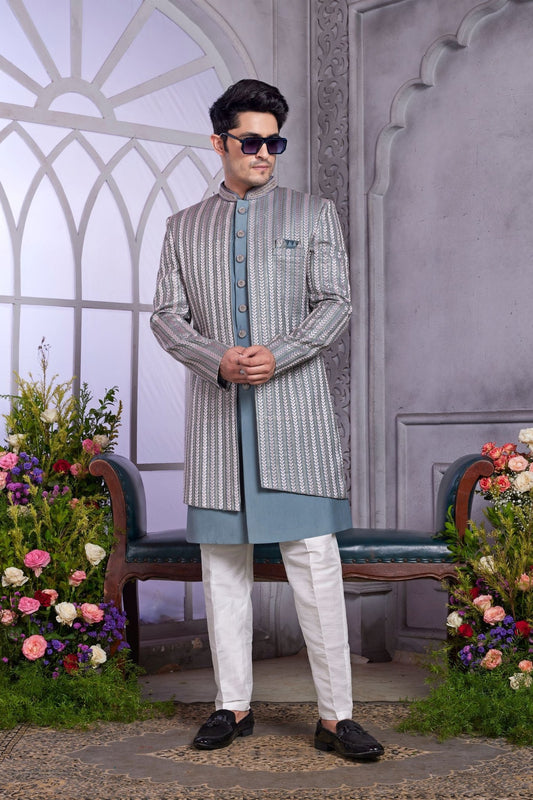 Blue Silk Brocade Indo Western Sherwani for Groom - Mangaldeep NX