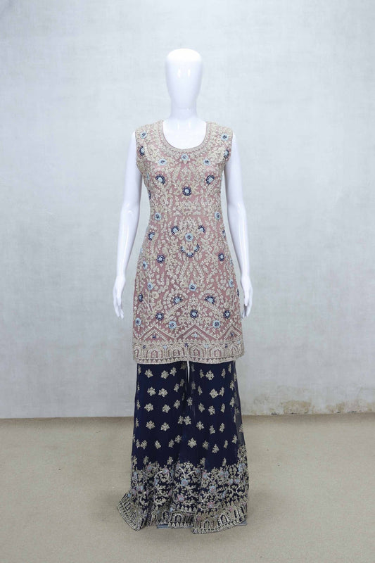 Blush Pink and Navy Blue Heavy Embroidered Sharara Set with Net Dupatta - Mangaldeep NX