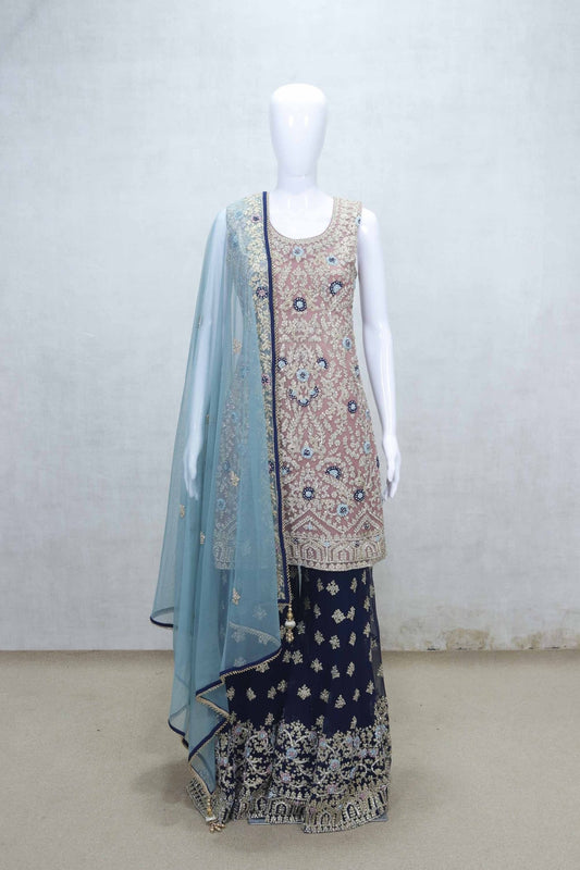 Blush Pink and Navy Blue Heavy Embroidered Sharara Set with Net Dupatta - Mangaldeep NX