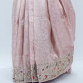 Blush Pink Banarasi Silk Saree with Silver Zari Weaving and Red Floral Embroidered Border - Mangaldeep NX