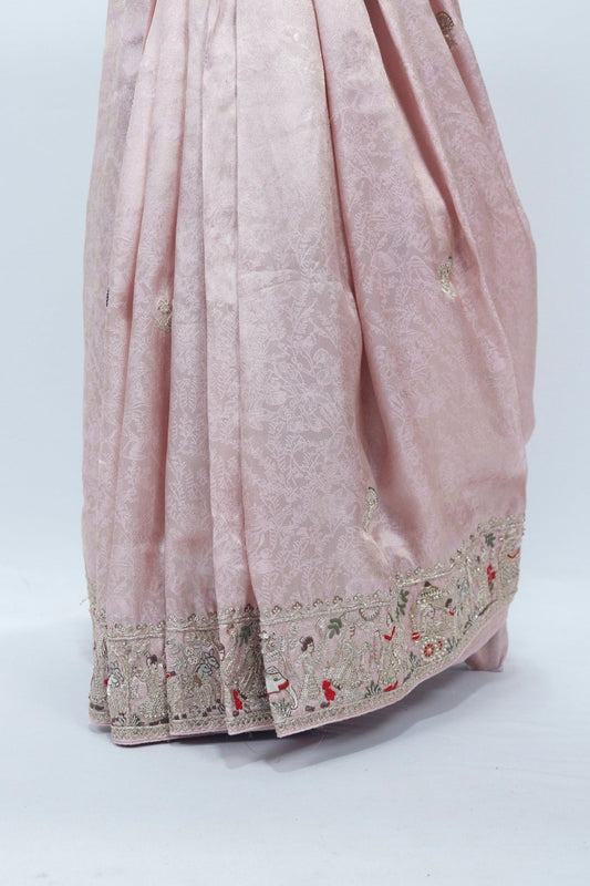 Blush Pink Banarasi Silk Saree with Silver Zari Weaving and Red Floral Embroidered Border - Mangaldeep NX