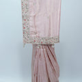 Blush Pink Banarasi Silk Saree with Silver Zari Weaving and Red Floral Embroidered Border - Mangaldeep NX