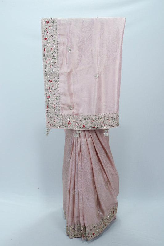 Blush Pink Banarasi Silk Saree with Silver Zari Weaving and Red Floral Embroidered Border - Mangaldeep NX
