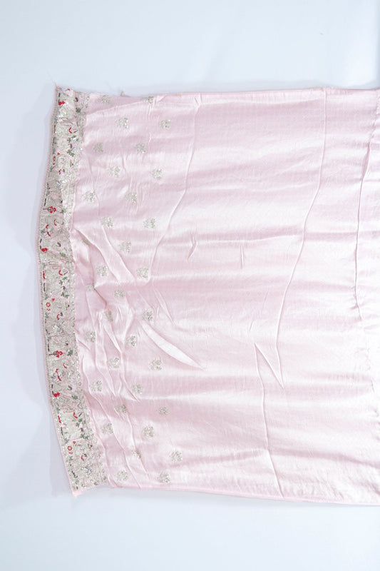 Blush Pink Banarasi Silk Saree with Silver Zari Weaving and Red Floral Embroidered Border - Mangaldeep NX