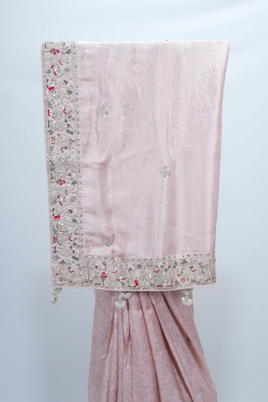Blush Pink Banarasi Silk Saree with Silver Zari Weaving and Red Floral Embroidered Border - Mangaldeep NX
