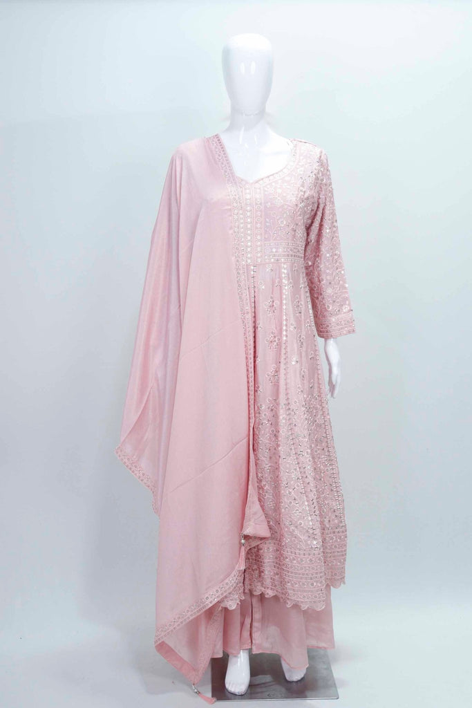 Blush Pink Embroidered Anarkali Suit with Dupatta For Festive Wear - Mangaldeep NX