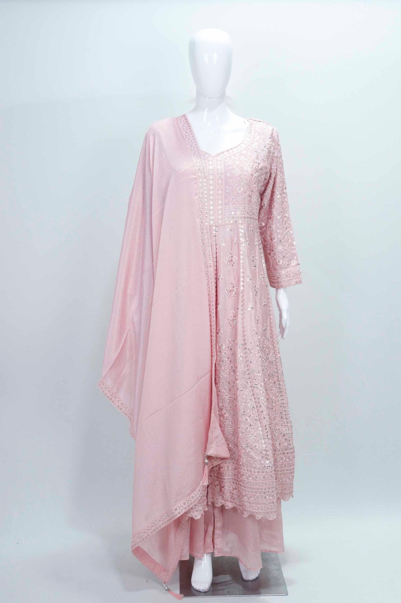 Blush Pink Embroidered Anarkali Suit with Dupatta For Festive Wear - Mangaldeep NX