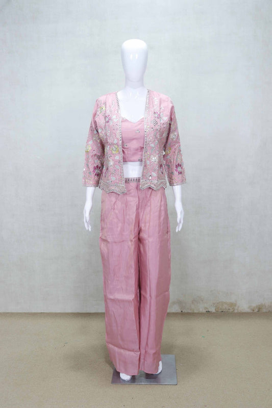Blush Pink Embroidered Crop Top and Palazzo Set with Matching Jacket for Festive Wear - Mangaldeep NX