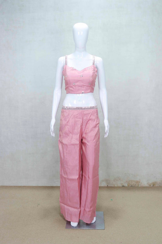 Blush Pink Embroidered Crop Top and Palazzo Set with Matching Jacket for Festive Wear - Mangaldeep NX