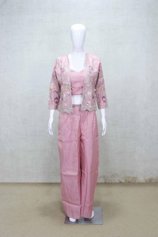 Blush Pink Embroidered Crop Top and Palazzo Set with Matching Jacket for Festive Wear - Mangaldeep NX
