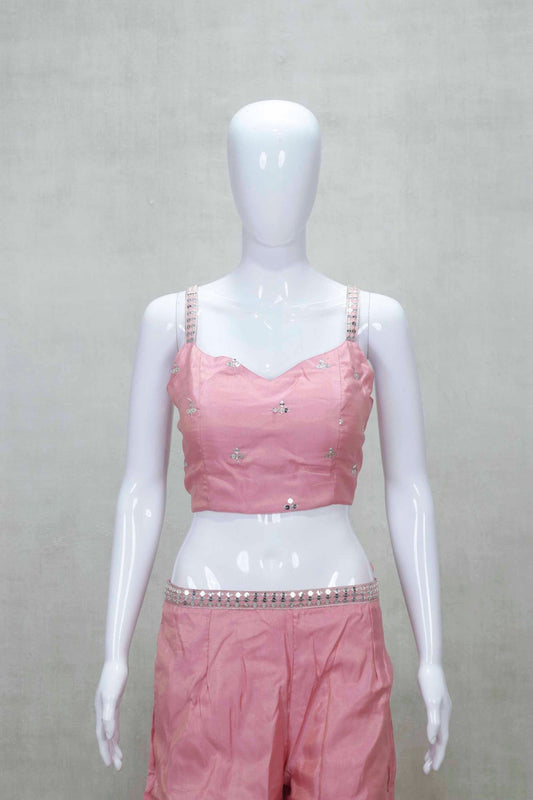 Blush Pink Embroidered Crop Top and Palazzo Set with Matching Jacket for Festive Wear - Mangaldeep NX