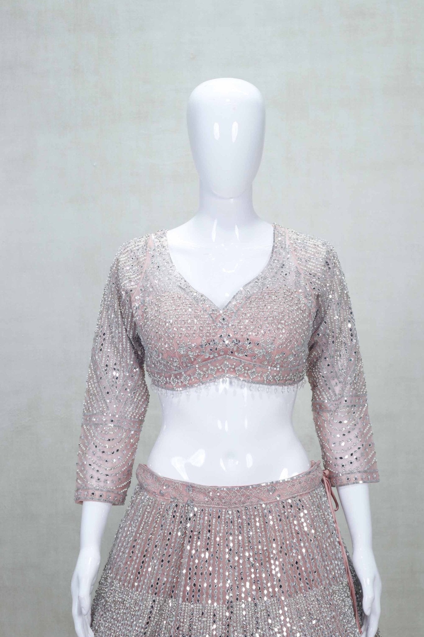 Blush Pink Mirror Embellished Net Lehenga Choli Set - Mangaldeep NX