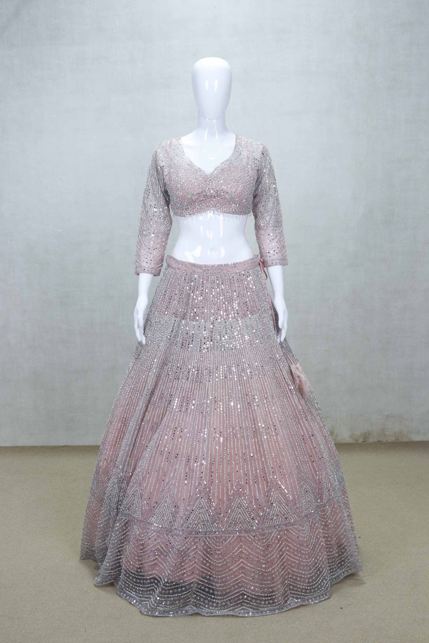 Blush Pink Mirror Embellished Net Lehenga Choli Set - Mangaldeep NX