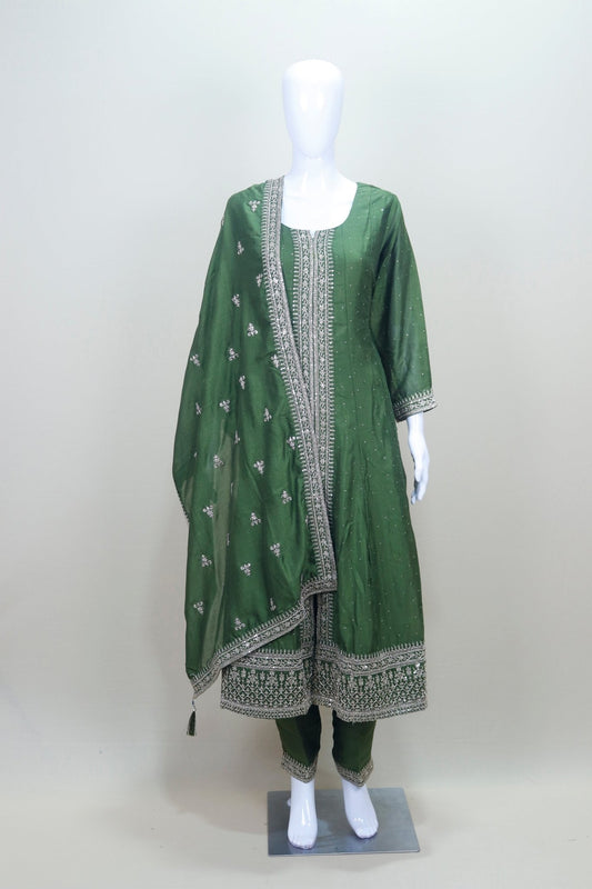 Bottle Green Embroidered Straight Suit Set with Dupatta - Mangaldeep NX