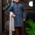 Boys Blue Printed Kurta with Brown Pyjama and White Dupatta - Mangaldeep NX