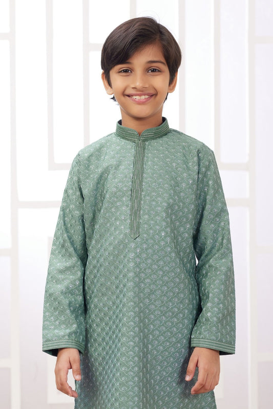 Boys Green Printed Traditional Kurta Pajama Set for Festivals and Weddings - Mangaldeep NX