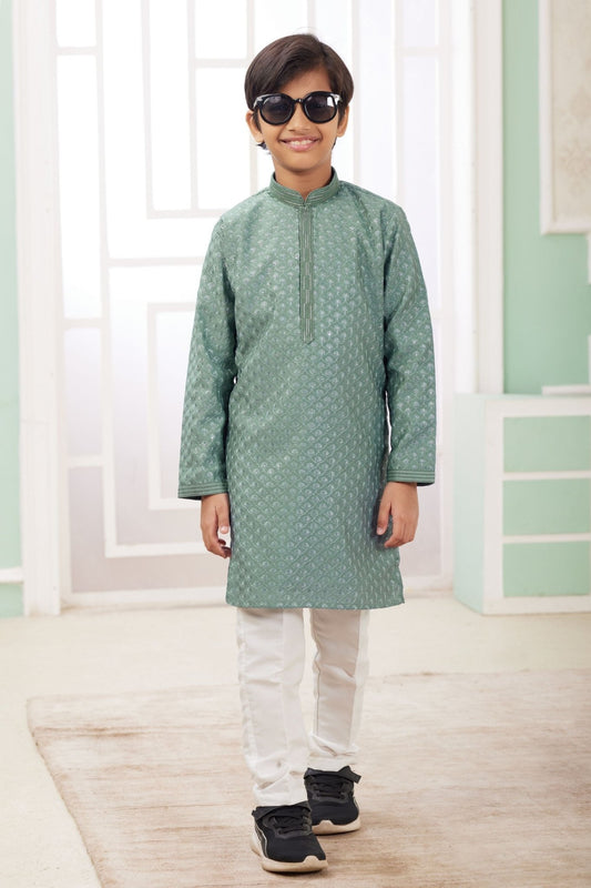 Boys Green Printed Traditional Kurta Pajama Set for Festivals and Weddings - Mangaldeep NX
