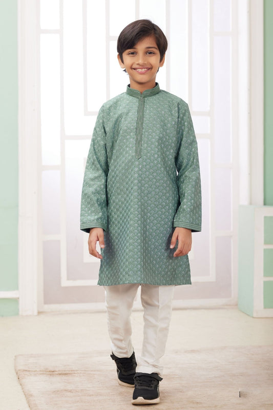 Boys Green Printed Traditional Kurta Pajama Set for Festivals and Weddings - Mangaldeep NX