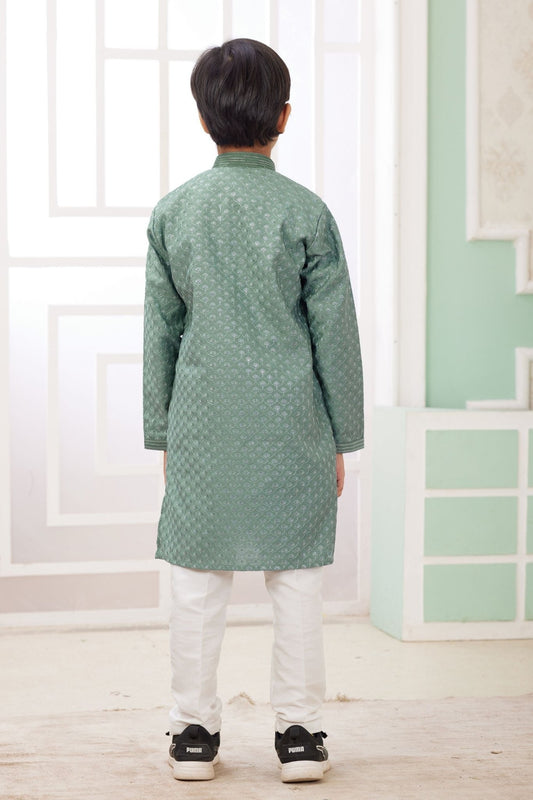 Boys Green Printed Traditional Kurta Pajama Set for Festivals and Weddings - Mangaldeep NX