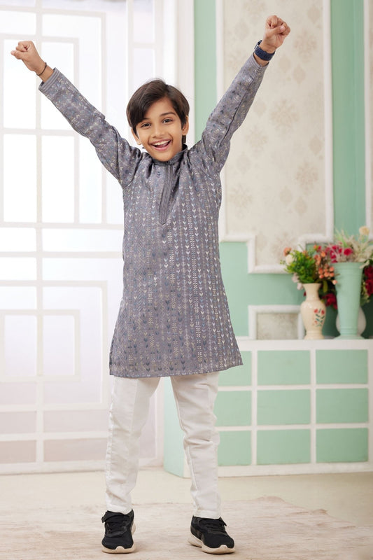 Boys Grey Embroidered Kurta Pajama Set For Festivals - Mangaldeep NX