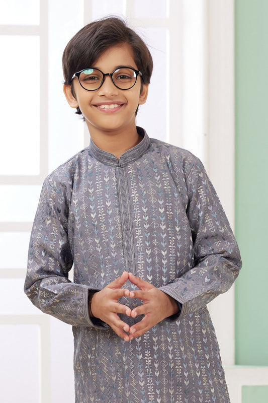 Boys Grey Embroidered Kurta Pajama Set For Festivals - Mangaldeep NX