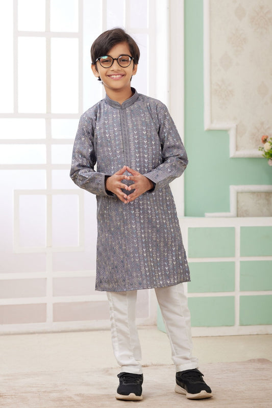 Boys Grey Embroidered Kurta Pajama Set For Festivals - Mangaldeep NX