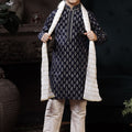 Boys Navy Blue Printed Kurta with Cream Pyjama and White Dupatta - Mangaldeep NX