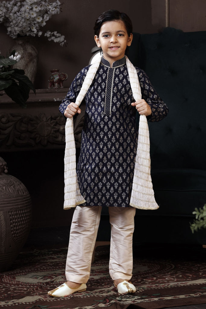 Boys Navy Blue Printed Kurta with Cream Pyjama and White Dupatta - Mangaldeep NX