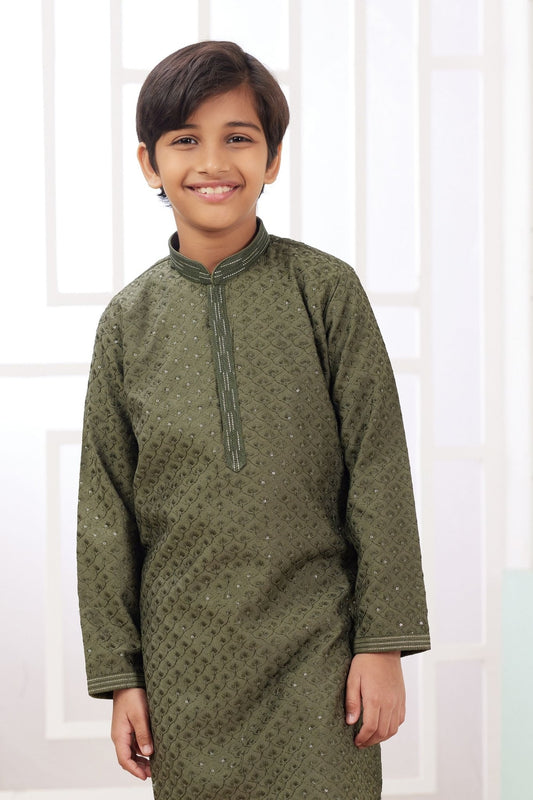 Boys Olive Green Sequin Embroidered Kurta Pajama Set - Mangaldeep NX
