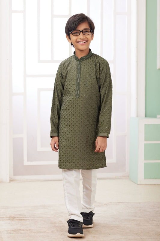 Boys Olive Green Sequin Embroidered Kurta Pajama Set - Mangaldeep NX