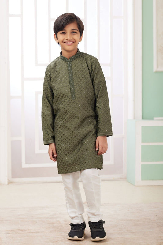 Boys Olive Green Sequin Embroidered Kurta Pajama Set - Mangaldeep NX