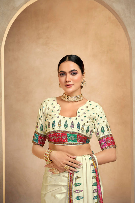 Bright Cream Bandhani Printed Saree with Multicolor Traditional Border and Motifs - Mangaldeep NX