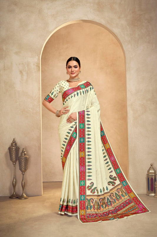 Bright Cream Bandhani Printed Saree with Multicolor Traditional Border and Motifs - Mangaldeep NX