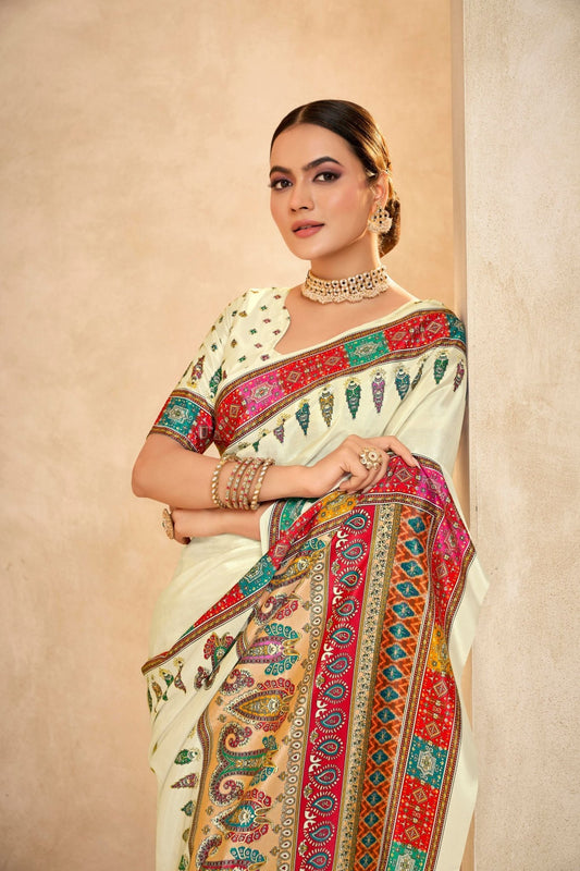 Bright Cream Bandhani Printed Saree with Multicolor Traditional Border and Motifs - Mangaldeep NX