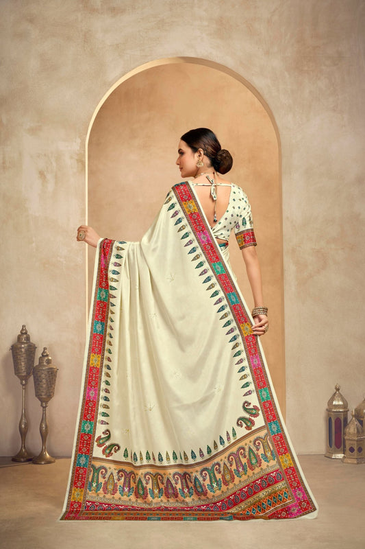 Bright Cream Bandhani Printed Saree with Multicolor Traditional Border and Motifs - Mangaldeep NX